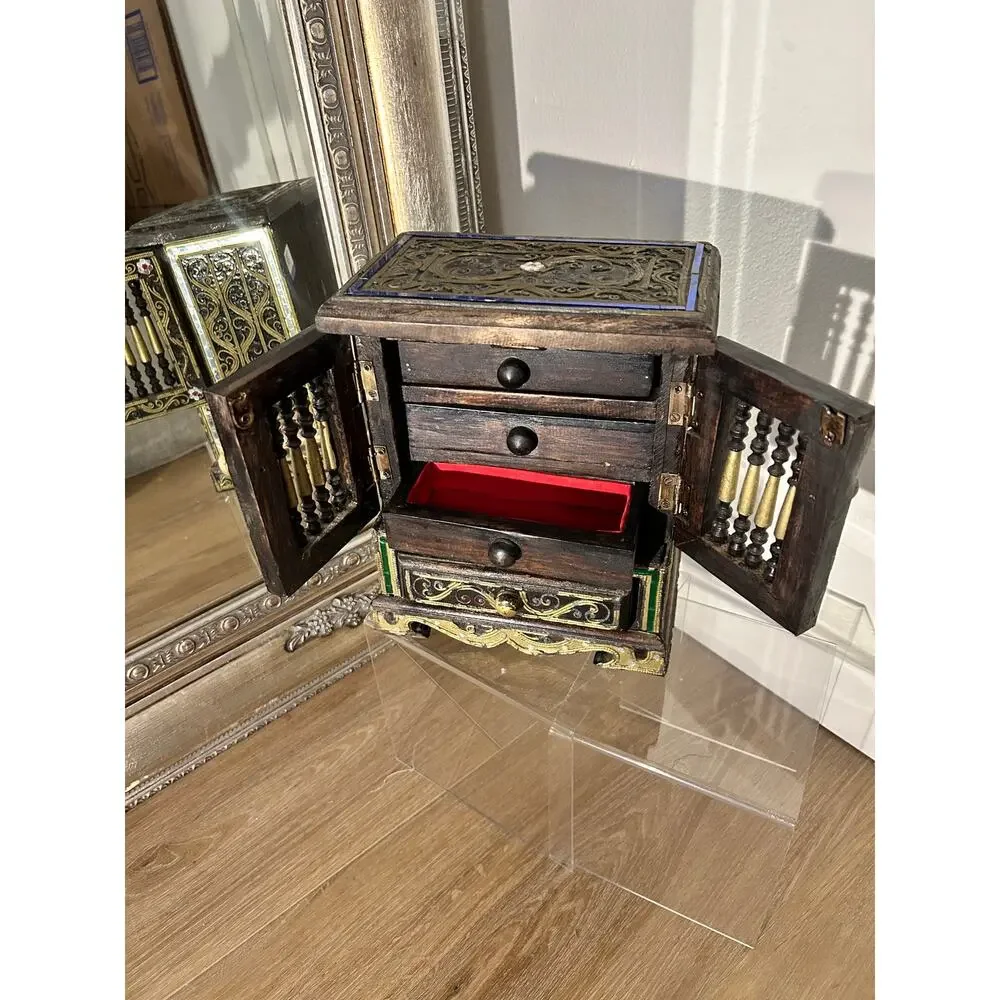 Vintage Thai Wooden Jewelry Box Mini Cabinet Armoire Boho Trinket Chest